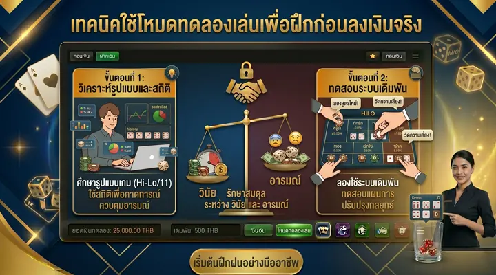 อินโฟกราฟิกเทคนิคใช้โหมดทดลองเล่นไฮโลก่อนลงเงินจริง แสดงขั้นตอนวิเคราะห์สถิติ ทดสอบระบบเดิมพัน และปรับกลยุทธ์เพื่อควบคุมอารมณ์