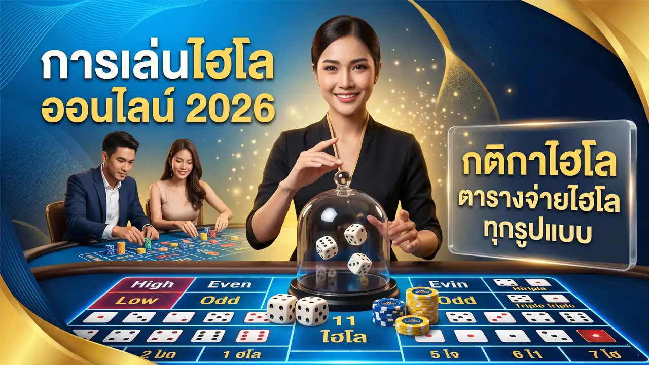 ภาพแบนเนอร์การเล่นไฮโลออนไลน์ 2026 พร้อมดีลเลอร์ ลูกเต๋า และโต๊ะเดิมพันไฮโล