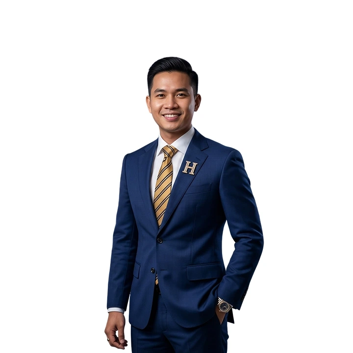 นักธุรกิจชายในชุดสูทสีน้ำเงินเนกไทสีทอง ยืนยิ้มอย่างมั่นใจบนพื้นหลังสีขาวสะอาดตา