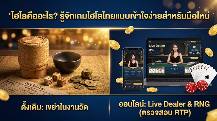 รูปภาพเปรียบเทียบไฮโลไทยแบบดั้งเดิมที่ใช้ฝากระติ๊บเขย่าในงานวัด กับไฮโลออนไลน์บนมือถือและคอมพิวเตอร์ผ่านระบบ Live Dealer และ RNG พร้อมข้อความ "ไฮโลคืออะไร?" สำหรับมือใหม่