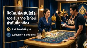 ภาพโปรโมตสำหรับมือใหม่หัดเล่นไฮโล แสดงพนักงานหญิงกำลังแนะนำผู้เล่นที่ถือมือถืออยู่หน้าโต๊ะไฮโล พร้อมข้อความแนะนำให้เริ่มจากการเข้าใจกติกาพื้นฐานและอ่านติกาพร้อมข้อควรระวังให้ถูกต้อง
