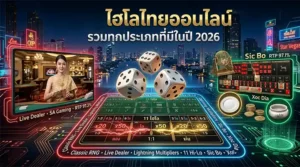 ภาพโปรโมตไฮโลไทยออนไลน์ปี 2026 แสดงลูกเต๋าลอยเหนือโต๊ะเกม มีตัวเลือกหลายรูปแบบ เช่น Live Dealer, Sic Bo และ Xoc Dia พร้อมฉากเมืองกลางคืนและหน้าจอเกม