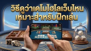 แบนเนอร์วิธีดูว่าเดโมไฮโลเว็บไหนเหมาะสำหรับฝึกเล่น แสดงมือถือที่เปิดหน้าเกมเดโมไฮโล มือกำลังกดเล่น ชิปคาสิโน โต๊ะเกม และลูกเต๋าในครอบแก้ว