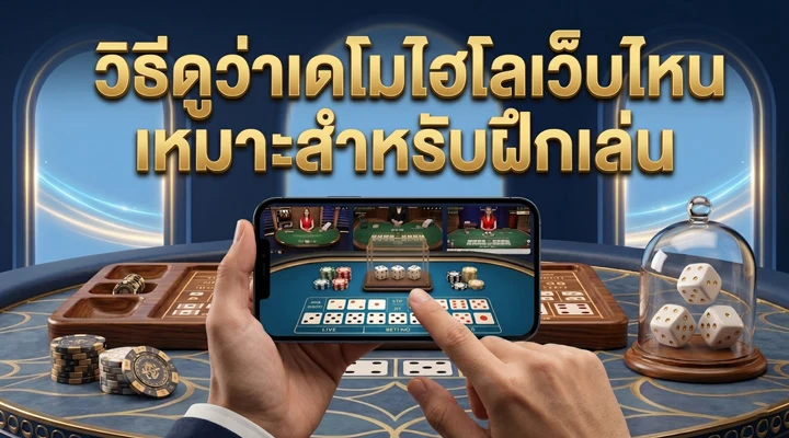 แบนเนอร์วิธีดูว่าเดโมไฮโลเว็บไหนเหมาะสำหรับฝึกเล่น แสดงมือถือที่เปิดหน้าเกมเดโมไฮโล มือกำลังกดเล่น ชิปคาสิโน โต๊ะเกม และลูกเต๋าในครอบแก้ว