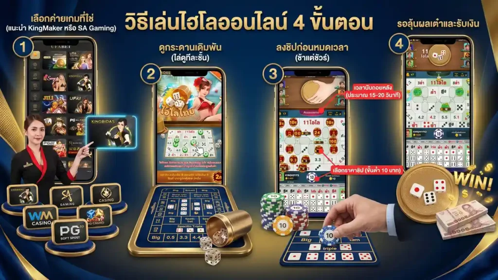ขั้นตอนการเล่นไฮโลออนไลน์ 4 ขั้นตอน บนมือถือ ตั้งแต่การเลือกค่ายเกม KingMaker การวางเดิมพัน และการรับเงินรางวัล เว็บ Hilowin88