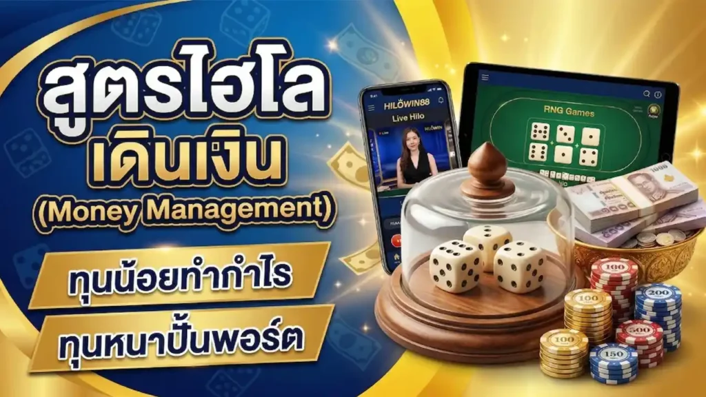 ภาพกราฟิกสูตรไฮโลเดินเงิน Money Management แสดงลูกเต๋า กระดานไฮโล ชิปเงินสด มือถือและแท็บเล็ต พร้อมข้อความทุนน้อยทำกำไร ทุนหนาปั้นพอร์ต