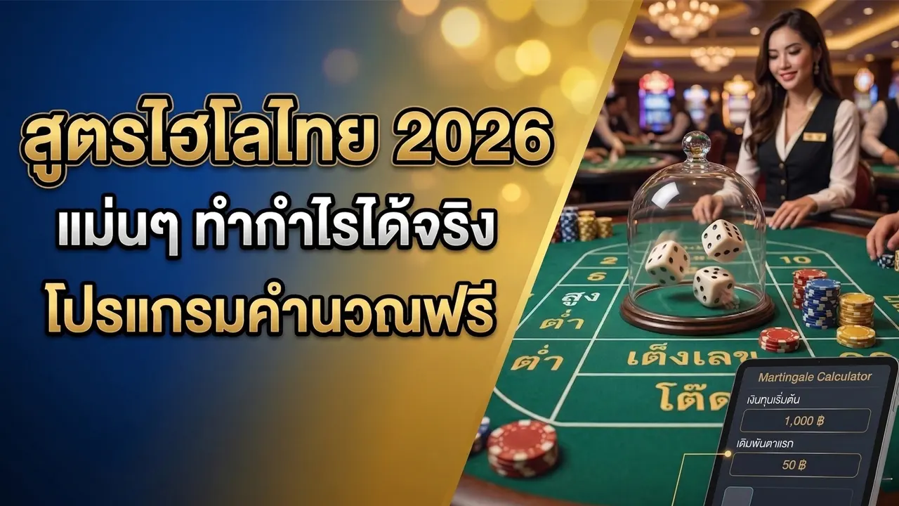 ภาพหน้าปกบทความสูตรไฮโลไทย 2026 บนโต๊ะคาสิโน มีดีลเลอร์ ลูกเต๋า กระดานไฮโล และแท็บเล็ตโปรแกรมคำนวณฟรี hilowin88