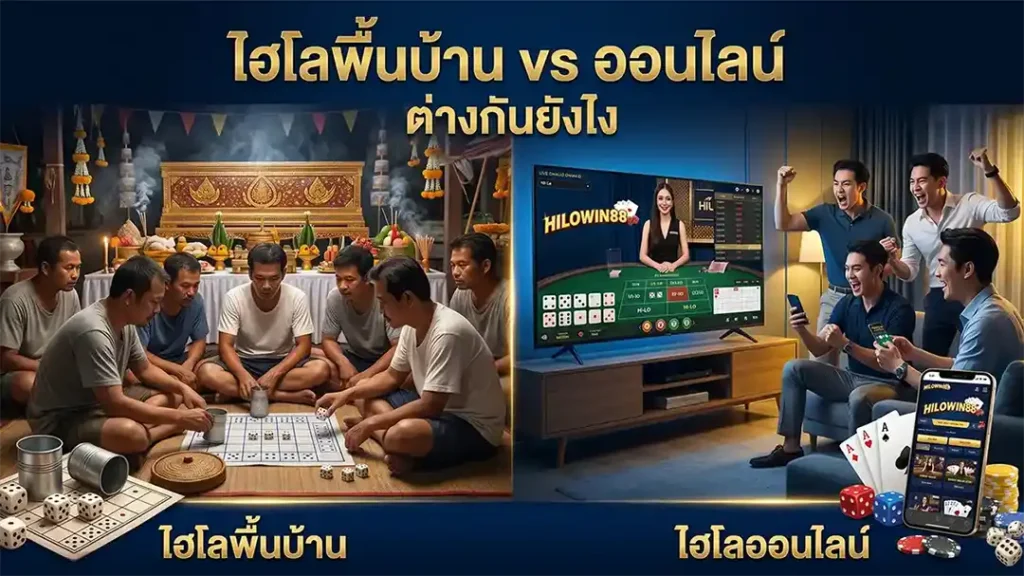 ภาพเปรียบเทียบไฮโลพื้นบ้านกับไฮโลออนไลน์ แสดงรูปแบบการเล่นแบบวงพื้นบ้านและการเล่นผ่านมือถือที่สะดวก รวดเร็ว และเล่นได้ตลอด 24 ชั่วโมง