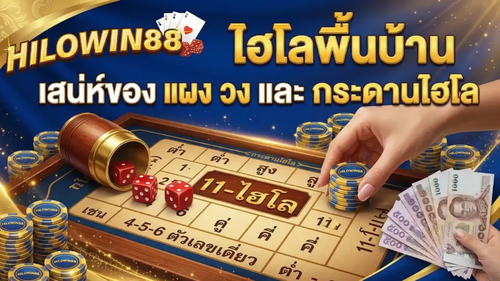 ภาพโปรโมทเกมไฮโลพื้นบ้าน มีลูกเต๋า กระบอกไฮโล ชิปเดิมพัน ธนบัตร และข้อความ “ไฮโลพื้นบ้าน เสน่ห์ของ แผง วง และ กระดานไฮโล”