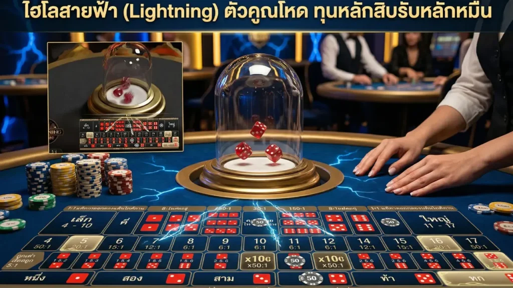 โต๊ะเกมไฮโลสายฟ้าพร้อมลูกเต๋าในโถแก้ว เอฟเฟกต์สายฟ้า ชิปเดิมพัน และช่องตัวคูณรางวัลสูง