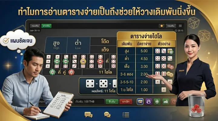ผู้เล่นกำลังดูตารางจ่ายไฮโลเพื่อวางแผนเดิมพันอย่างนิ่งและเป็นระบบ