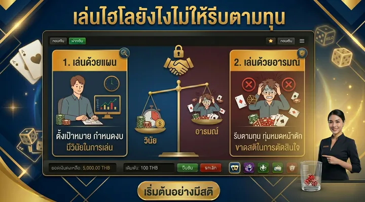 อินโฟกราฟิกการเล่นไฮโลไม่ให้รีบตามทุน เปรียบเทียบการเล่นด้วยแผนและวินัยกับการเล่นตามอารมณ์ ที่เสี่ยงขาดสติและขาดทุน