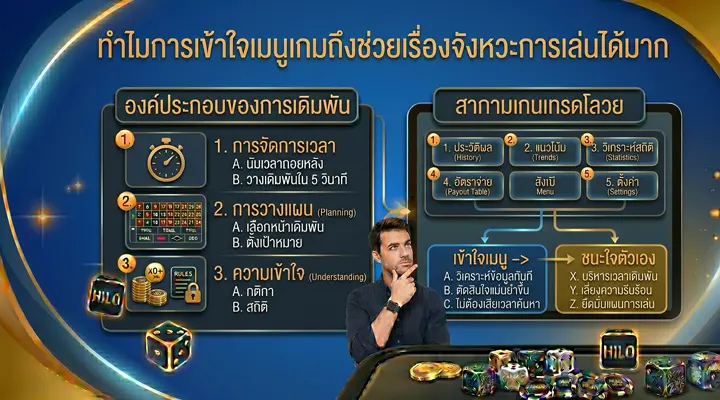 อินโฟกราฟิกอธิบายการเข้าใจเมนูเกมไฮโล เช่น History, Trends, Statistics และอัตราจ่าย ช่วยให้วางเดิมพันและตัดสินใจได้แม่นยำขึ้น