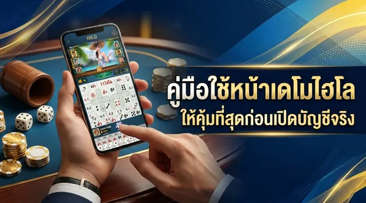 มือถือไอโฟนแสดงหน้าจอเกมไฮโล พร้อมตัวอักษรไทย 'คู่มือใช้หน้าเดโมไฮโล ให้คุ้มที่สุดก่อนเปิดบัญชีจริง' วางบนโต๊ะคาสิโนพร้อมลูกเต๋าและชิป