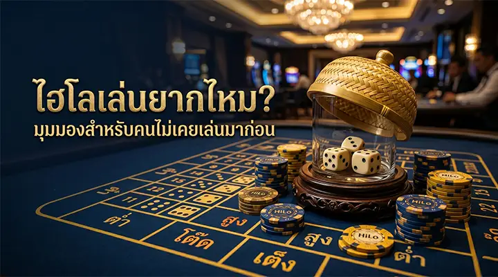 ภาพโปรโมตคำถาม “ไฮโลเล่นยากไหม” แสดงลูกเต๋าในโดมบนโต๊ะไฮโล มีชิปวางรอบ ๆ พร้อมบรรยากาศคาสิโน เหมาะกับผู้เริ่มต้นที่อยากรู้ความยากของเกม