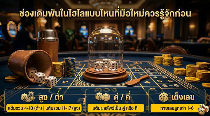 ภาพอินโฟกราฟิกแสดงช่องเดิมพันไฮโลสำหรับมือใหม่ มีลูกเต๋าในโดมบนโต๊ะคาสิโน พร้อมตัวอย่างเดิมพัน ได้แก่ สูง/ต่ำ, คู่/คี่ และเต็งเลข