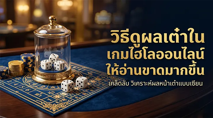 ภาพโปรโมตวิธีดูผลเต๋าในเกมไฮโลออนไลน์ แสดงลูกเต๋าในโดมบนโต๊ะไฮโล พร้อมข้อความแนะนำการวิเคราะห์ผลหน้าเต๋าให้แม่นยำมากขึ้น