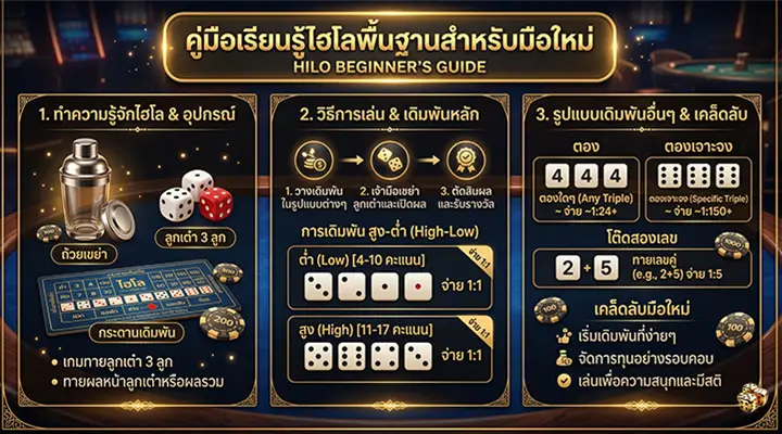 อินโฟกราฟิกคู่มือไฮโลพื้นฐานสำหรับมือใหม่ แสดงอุปกรณ์ วิธีเล่น และรูปแบบการเดิมพัน เช่น สูง/ต่ำ ตอง และแต้มรวม พร้อมตัวอย่างและคำอธิบายครบในภาพเดียว