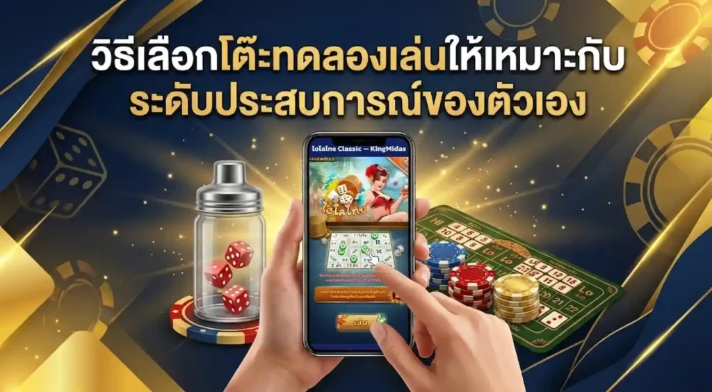กราฟิกโฆษณาเกมไฮโลออนไลน์พื้นหลังสีน้ำเงินเข้มและทอง มีข้อความภาษาไทยด้านบนว่า "วิธีเลือกโต๊ะทดลองเล่นให้เหมาะสมกับระดับประสบการณ์ของตัวเอง" ตรงกลางมีมือสองข้างถือสมาร์ทโฟนที่หน้าจอแสดงหน้าเกมไฮโล "ไฮโลไทย Classic — KingMidas" ที่มีกราฟิกตัวละครผู้หญิงในชุดว่ายน้ำและตารางเดิมพัน รอบๆ โทรศัพท์มีถ้วยเขย่าลูกเต๋าแก้วพร้อมลูกเต๋า 3 ลูก, ชิปคาสิโนซ้อนกันหลายปึก และตารางเดิมพันไฮโลแบบดั้งเดิม