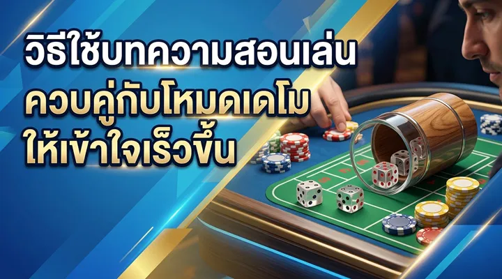 ภาพโปรโมทเทคนิคการใช้บทความสอนเล่นคู่กับโหมดเดโม เพื่อช่วยให้เข้าใจเกมได้เร็วขึ้น บนพื้นหลังสีฟ้าทอง พร้อมรูปอุปกรณ์ไฮโล