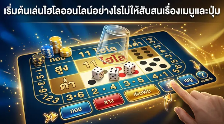 ภาพประกอบบทความเริ่มต้นเล่นไฮโลออนไลน์ แสดงโต๊ะไฮโล ลูกเต๋า ชิป และปุ่มเมนูการเดิมพันสำหรับผู้เล่นใหม่
